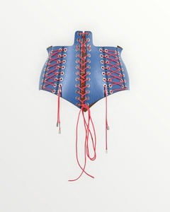 Genuine Lambskin Leather <b>Women</b> Corset <b>Body</b> <b>Shaper</b> Neoprene Waist Trainer Blue Red Lace-Up Design Hook-and-Eye Closure - Product Image 2