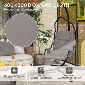 Sedia a dondolo grigia con supporto e cuscino con rivestimento in PA, telaio in acciaio, per interni ed esterni, altalena sospesa da patio - Product Image 6