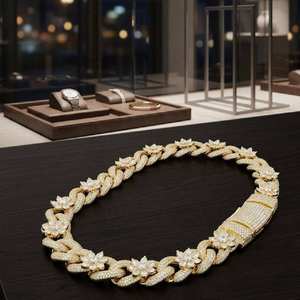 Lab Grown Diamond Brilliant Cut Flower <b>Statement</b> <b>Necklace</b> 14k Gold Plated Pave Setting Luxury Link Chain Unisex Wedding Jewelry - Product Image 5