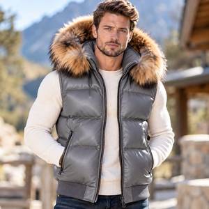 Men's Breathable Leather Puffer <b>Vest</b> with Fox Fur Hood | Genuine Leather Shell Windproof Autumn Outerwear - Product Image 5