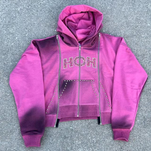 Conjuntos de Sudadera con Capucha Degradados Sólidos Personalizados para Hombre, Pantalones Largos con Pedrería, Cierre Frontal con Cremallera, Estilo Y2K, Invierno - Product Image 2