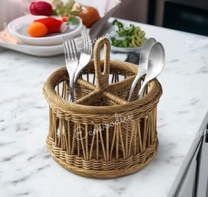 Portautensilios multifunción de bambú tejido con asa, organizador de vajilla para encimera de cocina o mesa de comedor. - Product Image 4