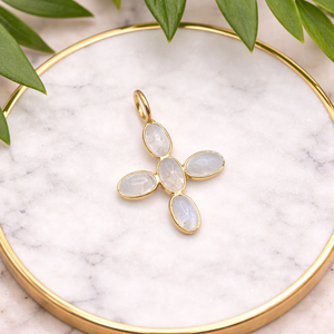 Natural <b>Moonstone</b> Cross <b>Pendant</b> Gold Plated Oval Gemstone Charm Bezel Set Minimal Spiritual Jewelry Women Gift - Product Image 2