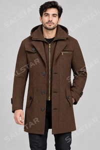Manteau d'hiver pour homme Salstar en mélange de laine à capuche, col à revers, fermeture éclair, longueur genou, marron - Product Image 3