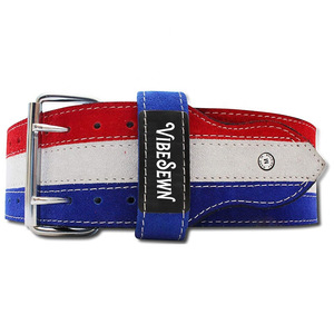 Ceinture de musculation en cuir VIBE SEWN, rouge, blanc, bleu rayé, boucle réglable, unisexe, soutien pour l'entraînement en salle de sport - Product Image 2