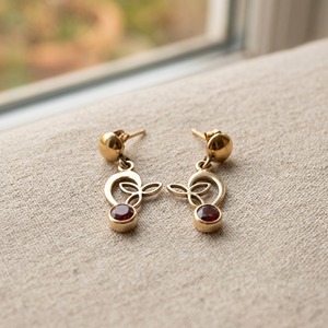 Celtic <b>Knot</b> Natural Garnet Rainbow Moonstone Drop <b>Earrings</b> Brass Gold Plated Bezel Set Handmade Nature Inspired Gift Women - Product Image 4
