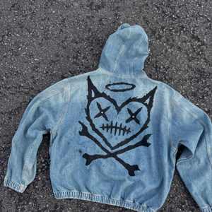 Streetwear Custom Washed Denim Zipper up Hoodies for Men Custom Print logo Men's Denim Hoodie - Product Image 1