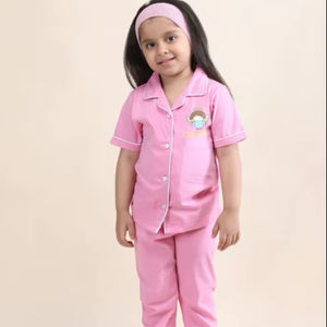 Ensemble de pyjama en coton rose pour enfants, haut à manches courtes boutonné et pantalon de pyjama, vêtements de nuit doux et confortables pour filles - Product Image 1