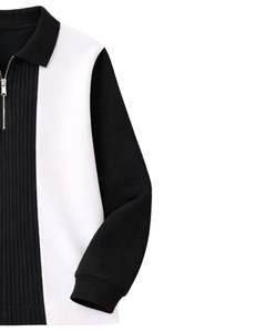 Sudadera Polo Personalizada para Hombre, Negra y Blanca, con Cierre de Cremallera de un Cuarto, Paneles Acanalados, Informal, de Forro Polar, Manga Larga, Estilo Urbano, Premium - Product Image 4