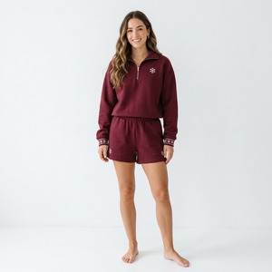 Conjunto de Sudadera de Forro Polar con Cierre de Cremallera y Pantalones Cortos para Mujer, Bordado Navideño de Acebo, Atuendo Casual de 2 Piezas - Product Image 2