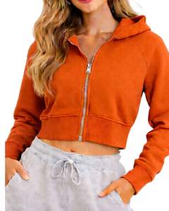 Sudadera con capucha corta con cremallera para mujer, de manga larga, informal, de forro polar suave, estilo urbano, color naranja, para otoño e invierno - Product Image 1