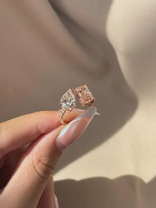 Bague de fiançailles et de mariage de luxe Toi et Moi en diamant de laboratoire rose taille poire radiant, or 14 carats, bijoux fins sur mesure - Product Image 4