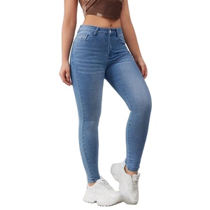 Jeans de mezclilla para mujer, talla grande, cintura alta, corte ajustado, pierna recta, transpirables, ecológicos, de alta elasticidad, lavado claro, para otoño - Product Image 1