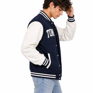Chaqueta Varsity Azul Marino y Blanca para Hombre, Bordada con BOS 23, Estilo Preppy, Fibra de Algodón, Corte Regular, para Otoño - Product Image 2