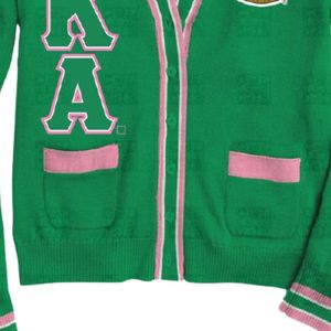 Green Pink Chenille Letters Shield <b>Cardigan</b> <b>Sweater</b> Women Embroidered Crest Knit Button Front Preppy Style Casual Fashion - Product Image 5