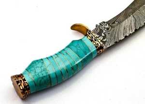 Cuchillo de Caza de Hoja Fija 2026 LEGACY BLADES de Acero de Damasco Premium, Hoja Serrada con Punta Caída, Mango Turquesa con Detalles Dorados, OEM ODM - Product Image 2
