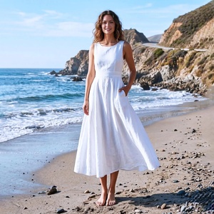 Robe midi trapèze blanche 100 % coton à col en V, manches cloche, taille haute, avec poches, style vintage pour femmes grandes tailles, usage quotidien - Product Image 3