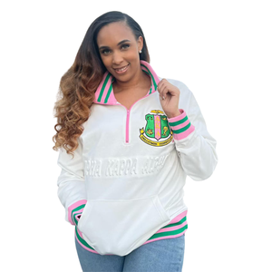   Sweat-shirt unisexe à col zippé, blanc, en polaire premium, style grec décontracté, vêtement d'extérieur blanc et vert - Product Image 4