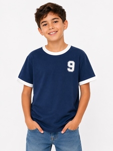 Camiseta Azul Marino para Niños, Estilo Casual, de Algodón, Manga Corta, con Estampado de Números, Cómoda para Uso Diario, Suave - Product Image 1