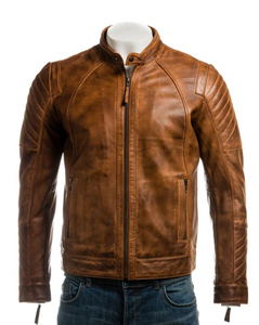 Men's Brown PU Casual Garment Dyed Moto Jacket <b>Turtleneck</b> Collar Zipper Closure Regular Fit Winter Wear - Product Image 6