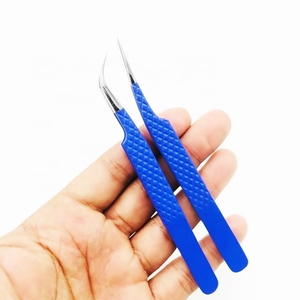 Shin Silver Tip And Dark Blue Powder Coated Color With Fiber Tip Eyelash Tweezer Diamond Grip Stainless Steel / Card <b>Box</b> Packing - Product Image 4