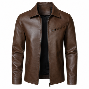 Men’s Premium Brown PU Leather <b>Jacket</b> with Turn Down Collar, Zip Front, Side Pockets and <b>Smart</b> Streetwear Style - Product Image 1