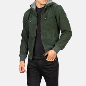 OEM Winter Green Genuine Leather Hooded <b>Suede</b> Bomber <b>Jacket</b> Men's Casual Stand Collar Zipper Closure Windproof Breathable - Product Image 2