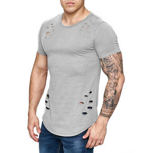 Camiseta de algodón ajustada para hombre, de color liso, cuello redondo, deportiva, para fitness, con efecto rasgado, manga corta, al por mayor, en stock. - Product Image 1