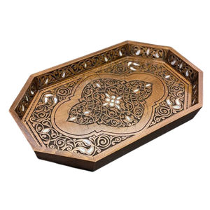 Plateau de service artisanal en bois de noyer avec incrustation de nacre, style marocain vintage, plateau décoratif pour la décoration de la maison - Product Image 4