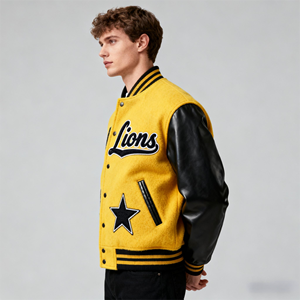 Blouson universitaire homme jaune et noir en laine avec manches en PU, patch étoile, style baseball, bordure côtelée rayée, fermeture à boutons-pression – Vente en gros - Product Image 2