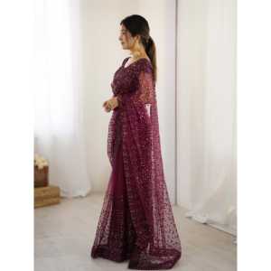 Hermoso Sari con Lentejuelas y Bordado Dori para Fiestas, Vestido Elegante - Product Image 3