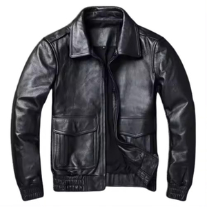 Veste moto en cuir véritable pour homme, col rabattu, fermeture éclair, couleur unie, manches classiques, automne - Product Image 1