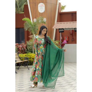 FANCY SOIE TABBY ORGANZA DIGITAL PRINT ROBE BAS AVEC DUPATTA VERT - Product Image 1