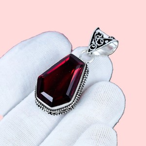 Natural Red Garnet Bezel Setting <b>Emerald</b> Cut Sterling Silver Geometric <b>Pendant</b> Handmade Gemstone Bohemian Jewelry Gift for Women - Product Image 2