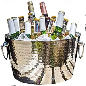 Flared hammered steel galvanized ice <b>bucket</b> beverage holder boasts side ring handles, available at wholesale prices. - Product Image 1
