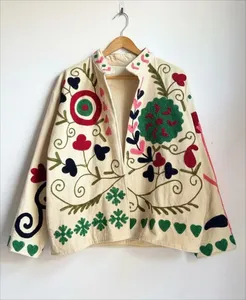 Chaqueta de Algodón Crema Hecha a Mano, Superventas 2026, con Bordado Floral Suzani Multicolor Vibrante, Chaqueta de Invierno Abierta por Delante - Product Image 1