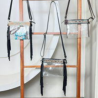 Sac à bandoulière pour femme avec franges, en cuir véritable travaillé à la main, sangle réglable, fermeture éclair, style vintage western bohème, sac à main transparent