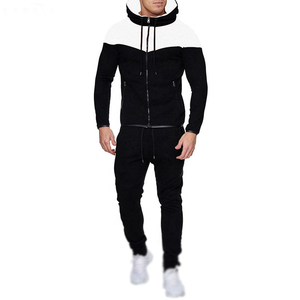Men's Black <b>White</b> Color Blocking Hooded Tracksuit Set Full Sleeve Zipper Casual <b>Joggers</b> With Side Pockets Autumn Wear Breathable - Product Image 1