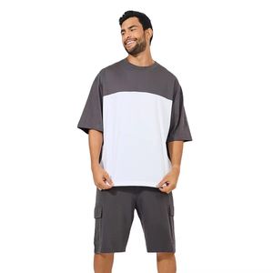 Ensemble T-shirt et short décontracté pour homme, été, color block, col rond, coton tricoté, blanc et gris, respirant - Product Image 3