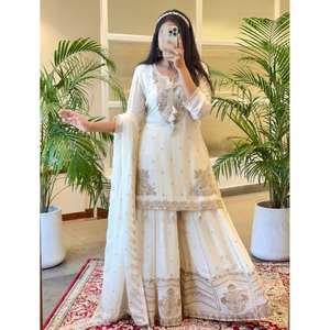 ชุดเสื้อและกางเกง SRK Designer พร้อมผ้าคลุมไหล่ ปักลายด้วยเลื่อม สีขาว ไซส์ XL - Product Image 3