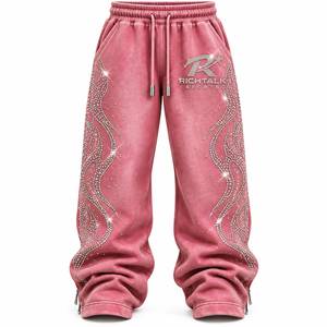 Unisex <b>Pink</b> Hooded Acid Wash <b>Tracksuit</b> <b>Set</b> Full Sleeve Rhinestone Logo Streetwear Drawstring Pants Regular Fit Winter Wear - Product Image 5