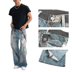 Pantalon large en jean délavé pour homme, taille haute, coupe ample, style streetwear patchwork, tissu en coton tissé pour l'été - Product Image 3