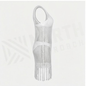 <b>White</b> Knitted Halter 2-Piece Swimwear <b>Set</b> with Skirt Bottom Tassel Hem Hollow Out Design Anti-UV Protection for Women - Product Image 3