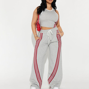 Boutique Women Solid Spandex/Cotton 2Piece Sporty <b>Set</b> Sleeveless Short <b>Crop</b> <b>Top</b> Wide Leg Pants Breathable Activewear Racing <b>Set</b> - Product Image 1