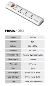 Enchufe de Corriente de la Serie PRIMA con 4 Tomas de Corriente para PC de 13 A, Diseño Único Multi UK/EU, 2 Puertos USB, 2 Puertos USB C, Interruptor de Sobrecarga - Product Image 5