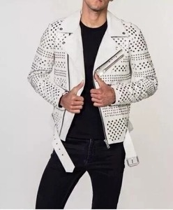 <b>Men</b> Leather <b>White</b> <b>Jacket</b> - Punk Studded Motorcycle Genuine Cowhide Leather <b>Jacket</b> - Product Image 1
