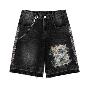 Ensemble deux pièces grande taille de haute qualité, éco-responsable, 100 % coton velours, streetwear automne, sweat à capuche, short en jean, strass personnalisé - Product Image 5