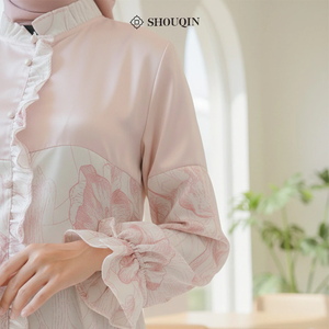 Shouqin Mazaya Muslim Women <b>Dress</b> Satin Silk & Barbara Silk Floral Print Front <b>Ruffle</b> & Nursing Friendly Modest Abaya Islam - Product Image 5