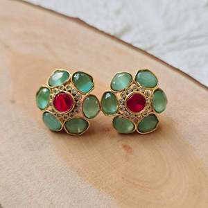 10k Gold Uncut Stone Stud Earrings with Ruby Emerald Opal Sapphire & Pearl - Product Image 1