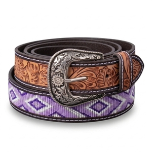 Cinturón de Cuero Genuino Hecho a Mano, Estilo Western Vintage, Hebilla de Aleación, Bordado Floral, Patrón Sólido, 38mm de Ancho, Duradero - Product Image 3